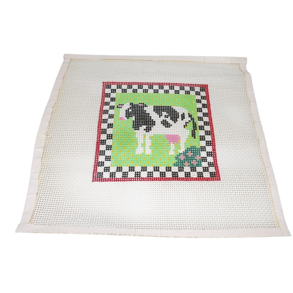 Vintage Hand Painted Needlepoint Canvas Cow Farmhouse Checkered Border Folk Art
